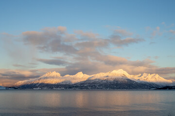 Winter landscape with a fjord and mountains,, Norway