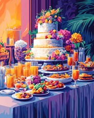 A luxurious celebration spread featuring a lavish cake with colorful flowers, vibrant drinks, and a variety of delicious dishes.