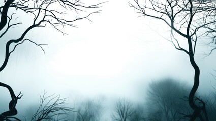 Obraz premium Misty forest, bare trees, silhouettes, foggy landscape, eerie atmosphere, monochromatic, blue tones, minimalist composition, ethereal scene, mysterious mood, winter branches, tranquil water reflection