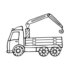 black and white outline drawing of a truck with a crane, hand drawn in a cartoon style.
