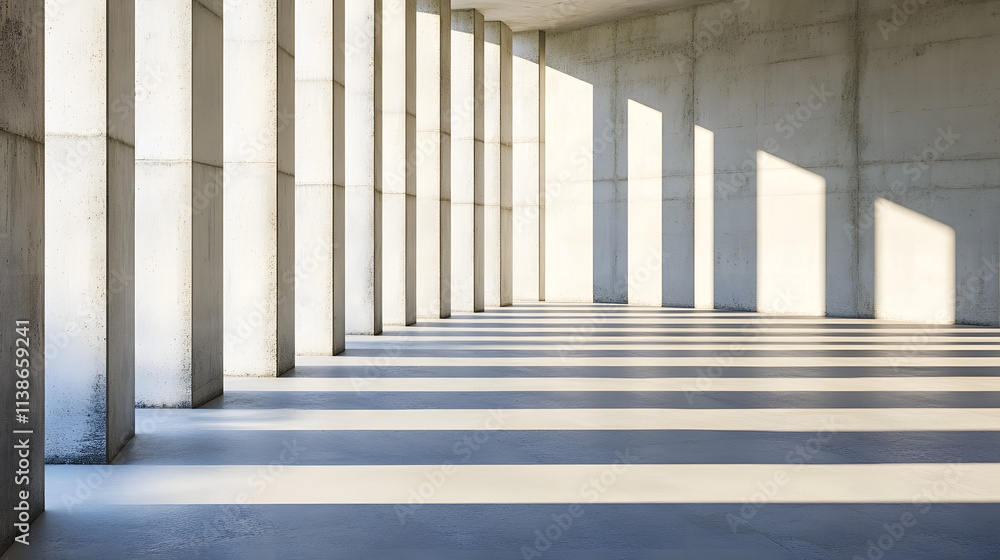 Poster a long concrete hallway with columns casting striking light and shadow patterns, showcasing minimali