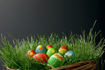 Fototapeta premium Colorful Easter eggs nestled in grass basket
