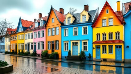 Obraz premium Colorful row houses, vibrant facades, cobblestone street, rainy day, reflections, European architecture, charming townhouses, pastel colors, bright hues, quaint neighborhood, historical buildings, nar