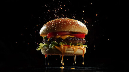  A spectacular hamburger falling through the air.