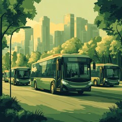 Obraz premium A fleet of public buses navigates through a lush green urban landscape, creating a serene and sustainable atmosphere.