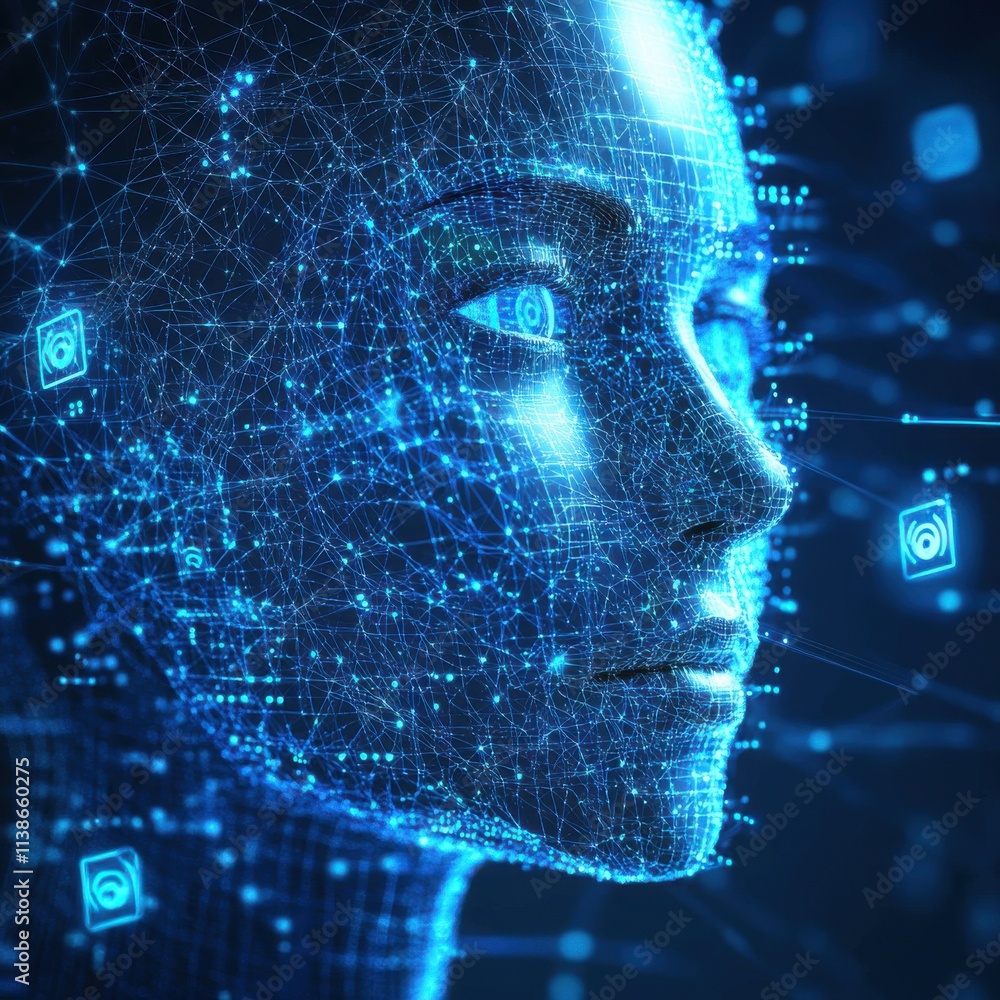 Poster futuristic digital woman with a glowing network of connections and data streams, symbolizing ai and 