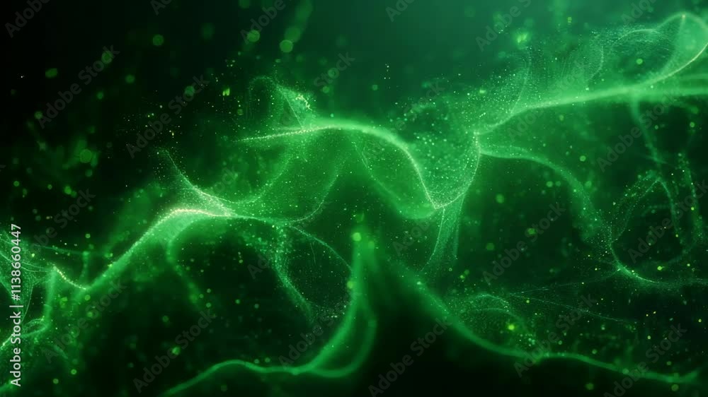 Poster flowing abstract green particles create a mesmerizing landscape, showcasing dynamic movement and vib