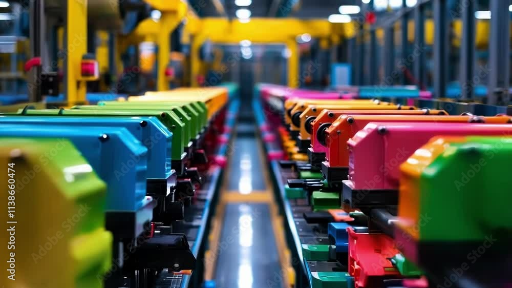 Poster modern factories showcase colorful automated assembly lines manufacturing electronic devices. advanc