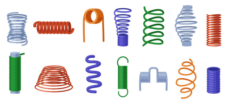 Cartoon various springs. Metal spring, isolated slinky coils. Flexible elements for technics, repair equipment, pressure steel wire, nowaday vector clipart