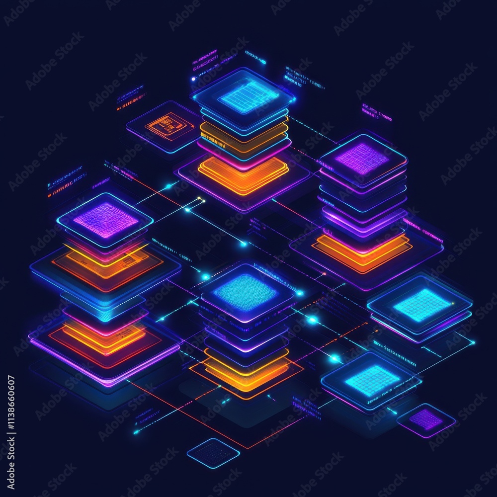 Poster a vibrant digital representation of interconnected data servers with neon colors, showcasing high-te