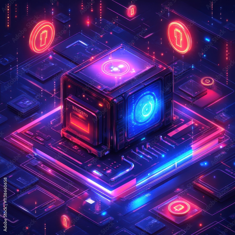 Poster futuristic digital cube surrounded by glowing locks and neon circuits in a vibrant cyberpunk setting