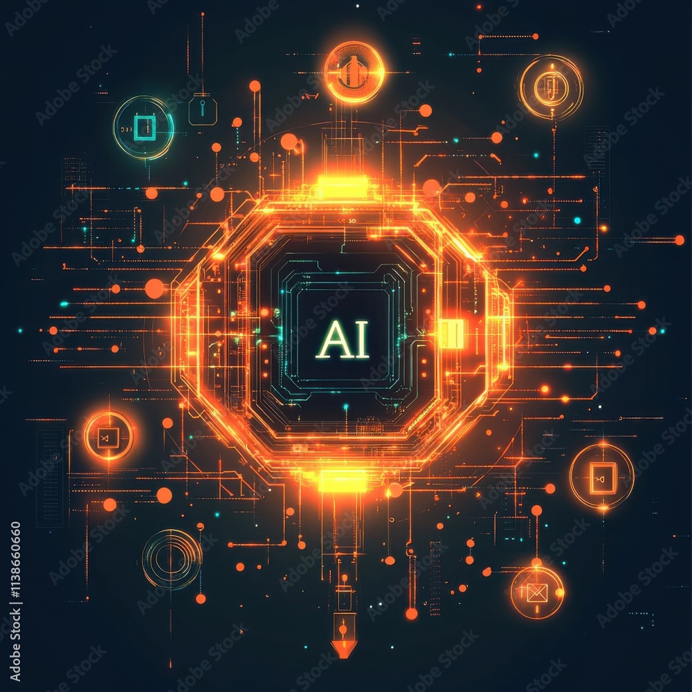 Aufkleber abstract illustration of artificial intelligence with neon accents, featuring circuit patterns and d