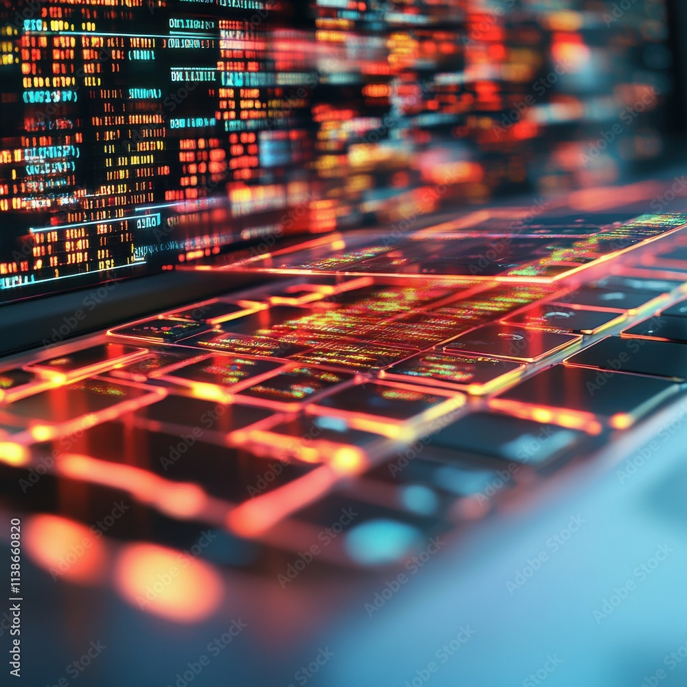 Poster close-up of a laptop keyboard illuminated with vibrant colors, displaying digital data patterns.