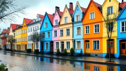 Fototapeta premium Colorful row houses, vibrant facades, cobblestone street, rainy day, reflections, European architecture, charming townhouses, pastel colors, bright hues, quaint neighborhood, historical buildings, nar