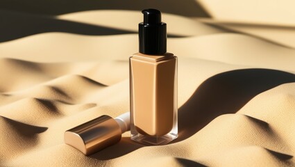 Naklejka premium cosmetic bottle, foundation makeup, beige liquid, glass container, black cap, soft shadows, smooth fabric backdrop, warm lighting, minimalist product photography, beauty product, luxury cosmetics, stu