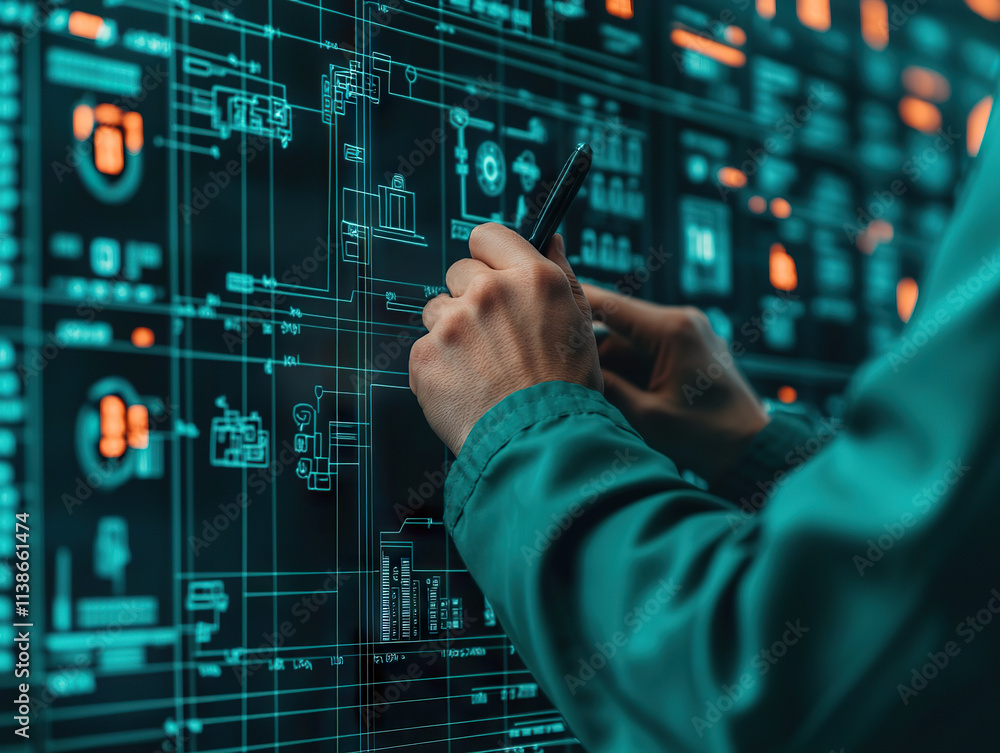 Aufkleber close up of hands writing on futuristic digital interface with glowing diagrams and data
