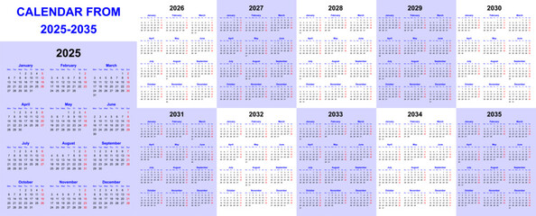 2025 - 2035 calendar set. arial font minimal calendars with red sunday holidays marked