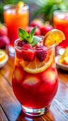 Chilled fruit punch with orange slices, raspberries, strawberries, and mint, for a tropical vibe