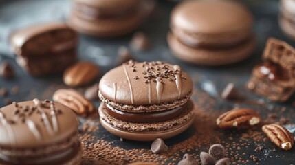 Chocolate macarons and nuts on a rustic wooden surface