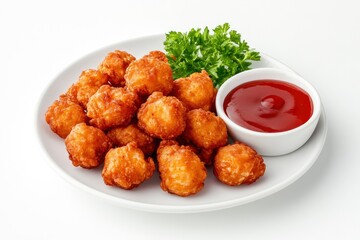 Plate with tasty fried popcorn chicken on white background 