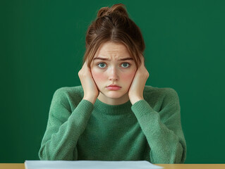 worried student sitting at desk, anxiously awaiting exam results in classroom setting