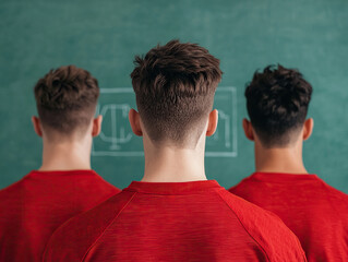 Three athletes in red shirts strategizing in front of chalkboard with game tactics drawn, showcasing teamwork and focus