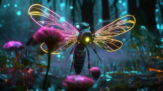 Glowing robot insect with illuminated wings is standing in a magical forest. Pink flowers and lush vegetation surround the futuristic creature