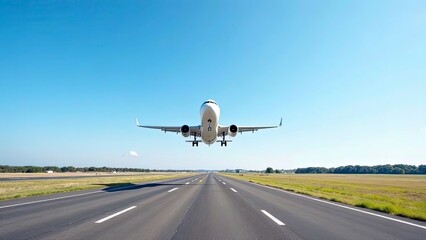 Modern airplane taking off under a clear blue sky, captured from the edge of the airport runway