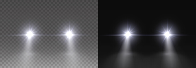 Cars headlight effect. Realistic white round flares beams isolated on transparent background. Vector bright train lights template © Kindlena