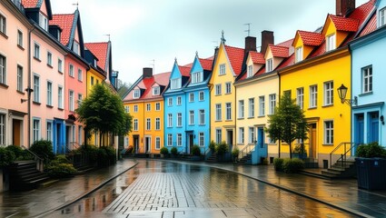 Fototapeta premium Colorful row houses, vibrant facades, cobblestone street, rainy day, reflections, European architecture, charming townhouses, pastel colors, bright hues, quaint neighborhood, historical buildings, nar