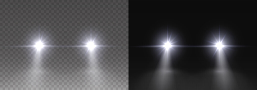 Cars headlight effect. Realistic white round flares beams isolated on transparent background. Vector bright train lights template