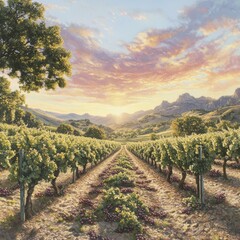 Naklejka premium A picturesque vineyard at sunset, showcasing rows of grapevines and mountains.