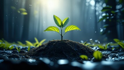 nature close-up, seedling sprouting, green leaves, dark soil, water droplets, sunbeams, misty atmosphere, shallow depth of field, high contrast, vibrant colors, macro photography, growth symbolism, en