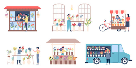 Flower market scenes. Florist working with flowers, doing bouquets and talking with clients. Women care plants, floral branches. Occupation recent vector scenes