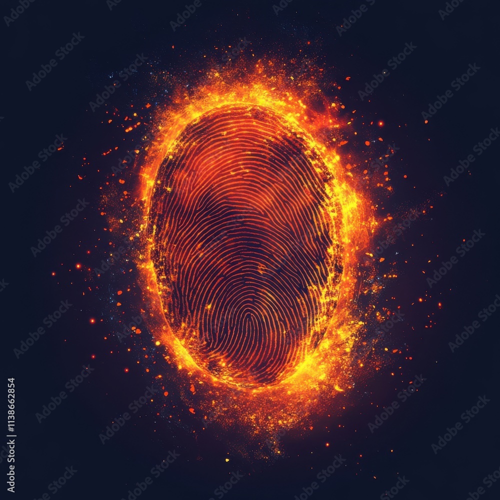Poster an abstract fiery fingerprint design illuminated against a dark background, symbolizing identity and