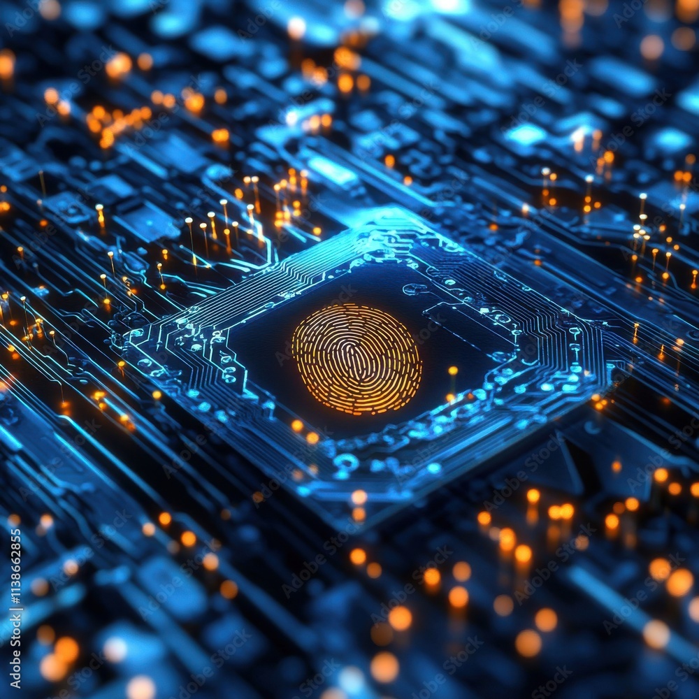 Poster a close-up view of a microchip featuring a glowing fingerprint design, symbolizing advanced technolo