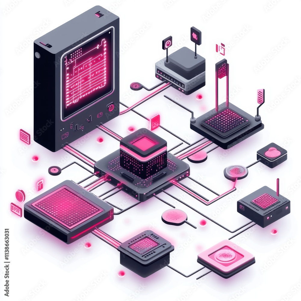 Aufkleber futuristic computer circuit design in pink and black, showcasing interconnected digital components.
