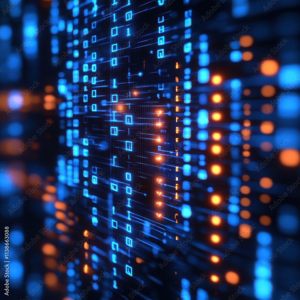 Poster abstract digital background with vibrant blue and orange data streams flowing through a virtual netw