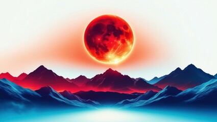 Surreal mountain landscape, vibrant red moon, cosmic sky, colorful peaks, ethereal atmosphere, digital art, dreamlike scene, gradient colors, fantasy illustration, celestial bodies, majestic scenery, 