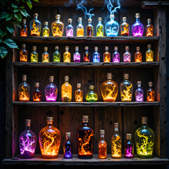 Fototapeta premium A colorful display of magical potions containing enchanted smoke and glowing lights, photography of still life concept.