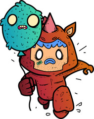 a man wear rhinocerous costume is running with holding a ballon monster