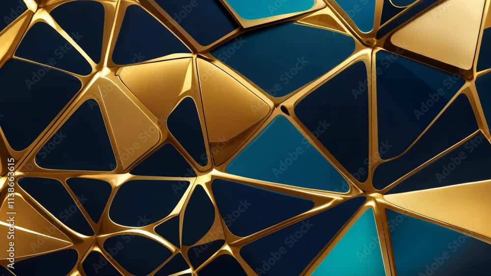 Poster complex golden structure connecting blue triangles forming a beautiful abstract pattern. ideal for p