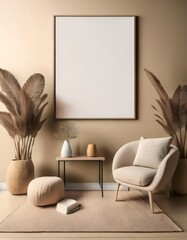 Big blank picture frame wall art poster mockup on a natural colored beige wall with decorative elements