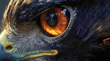 A beautiful eagle eye, with a yellow-orange hue, one of the best eyes in the world. A stunning falcon's eye.
