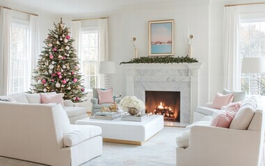 Elegant white living room with a marble fireplace and a modern tree decorated in pastel tones, with soft rugs and neutral furniture