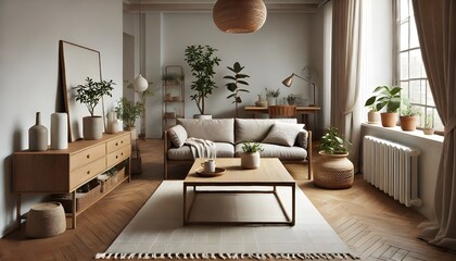Cozy Beige Sofa with Wooden Coffee Table