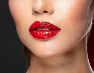 Obraz premium Close-up of Woman's Face with Red Lipstick