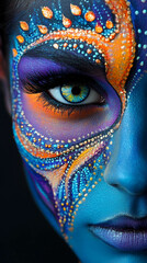 A close-up of a woman's face with intricate and colorful face paint, featuring vibrant blues, oranges, and purples.