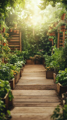 A serene garden pathway lined with wooden planks, surrounded by lush greenery and colorful flowers in pots. Sunlight filters through the leaves, creating a warm, inviting atmosphere.
