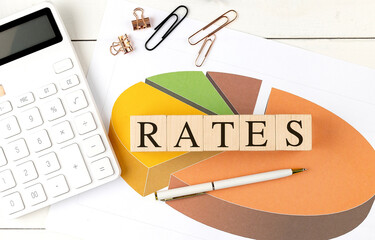  Wooden blocks spelling RATES on a colorful pie chart, surrounded by a calculator, pen, and paper clips on a desk